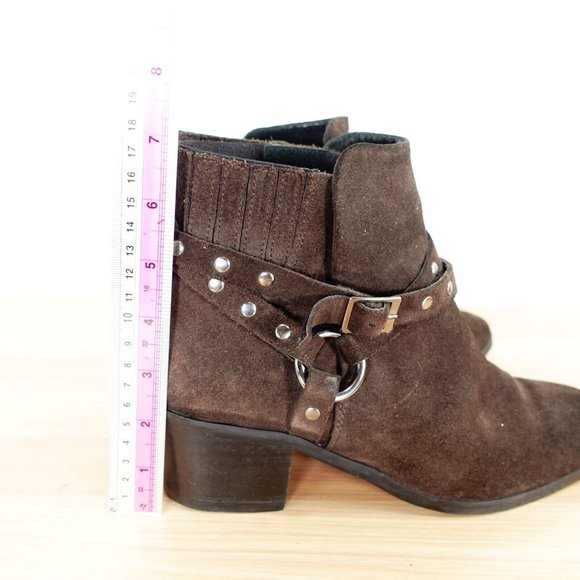 Western Brown Boots Women 7 Ankle Booties Heeled Studded Harness Pull On‎ Rodeo - Picture 8 of 13